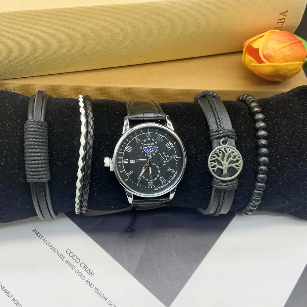 นาฬิกาควอทซ์สายคาดปฏิทินอเนกประสงค์แบบเรียบง่ายและมีสไตล์เซ็ต5ชิ้นสำหรับกีฬากลางแจ้งของผู้ชายมาพร้อมกล่องสร้อยข้อมือ