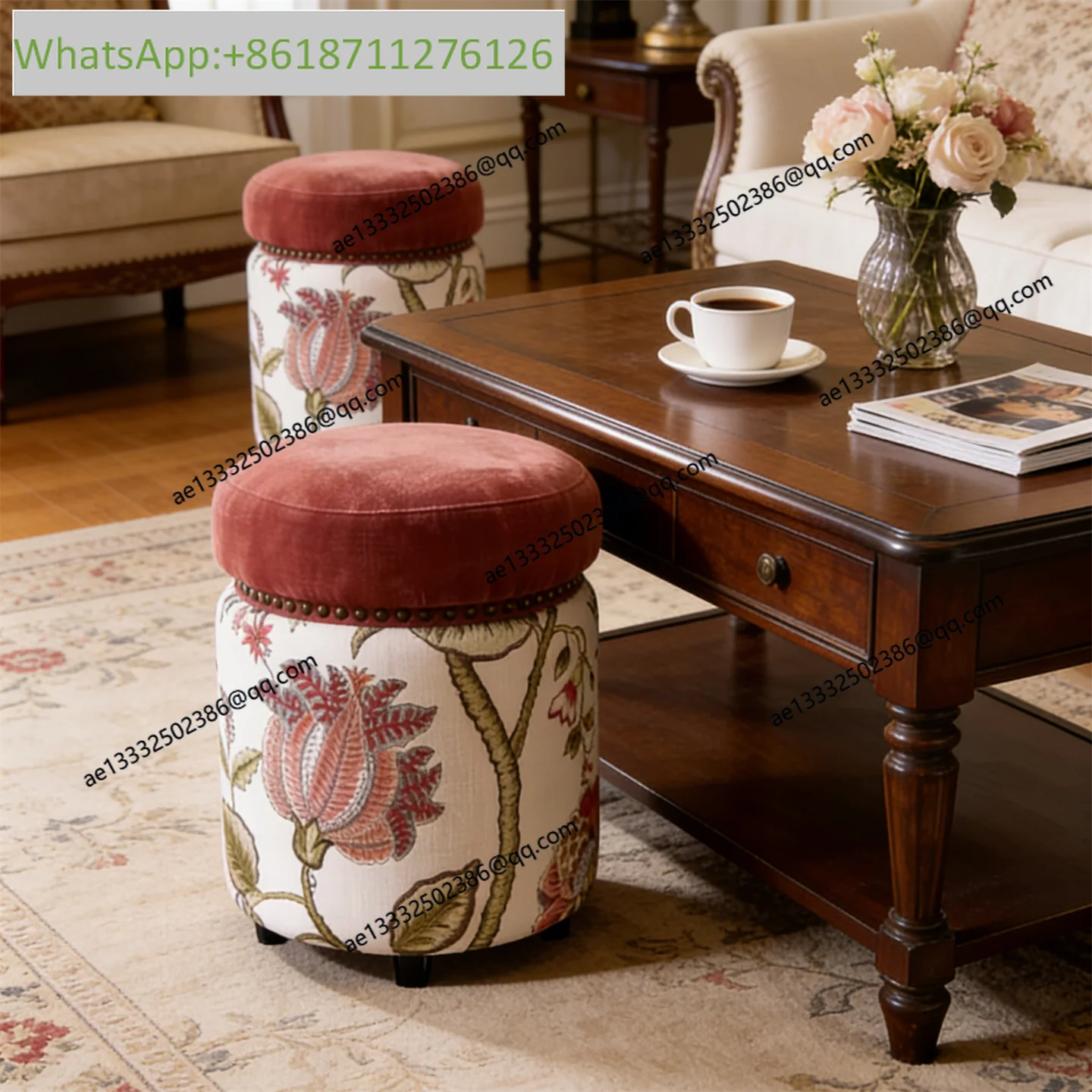 1pcs Small round stool： makeup stool； adult round pier sofa stool‘’ fabric solid wood shoe changing low stool’