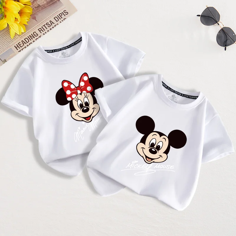 ديزني حقيقية 2026 جديد عادية الكرتون ديزني ميكي ميني طباعة بنين بنات حجم كبير موضة قصيرة الأكمام الاطفال تي شيرت رياضي
