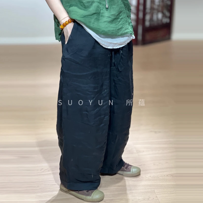 Spring Summer Arts Style Women  Elastic Waist Loose Length Pants Double-deck Ramie Casual Vintage Harem Pants Good Quality M2568