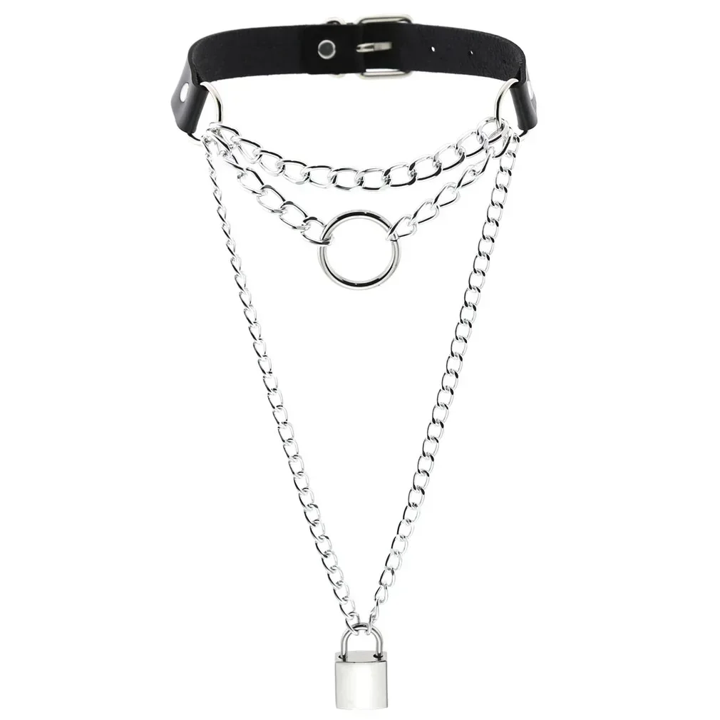 Individuality Fashion Punk Hip hop Multilayer chain Rock and roll Padlock Harajuku Gothic Leather Pendant Spike Rivet