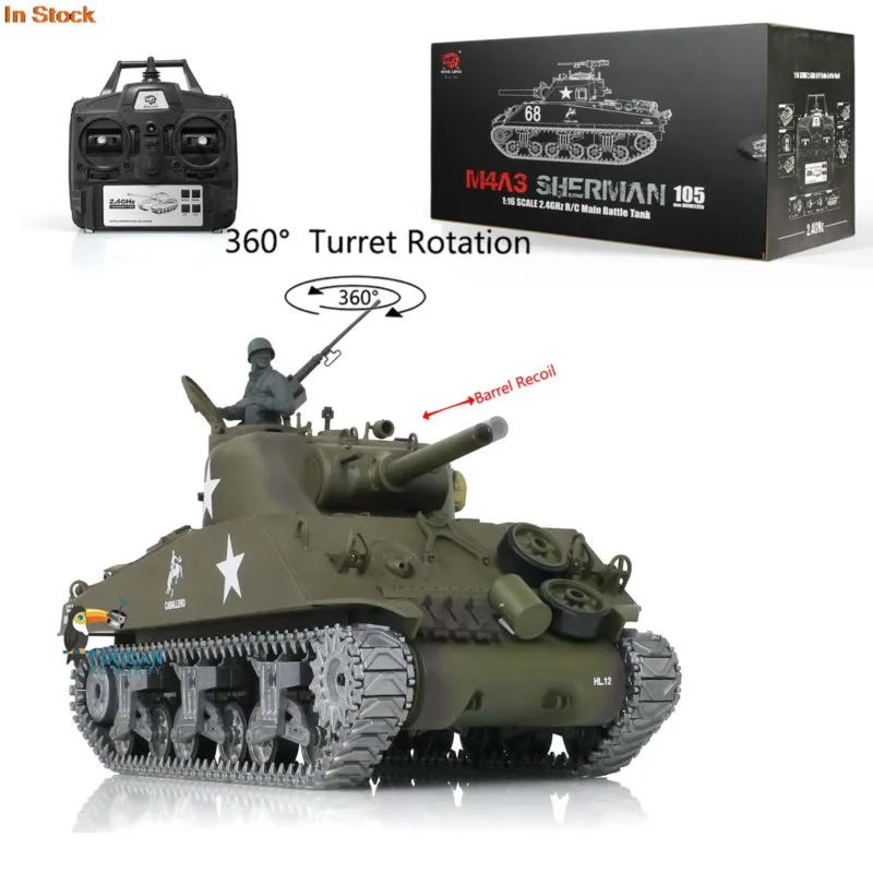 US Stock HengLong RC Tank 1/16 Customized 7.0 M4A3 Sherman 3898 Barrel Recoil 360° Metal Tracks Historical Military Toy Panzer