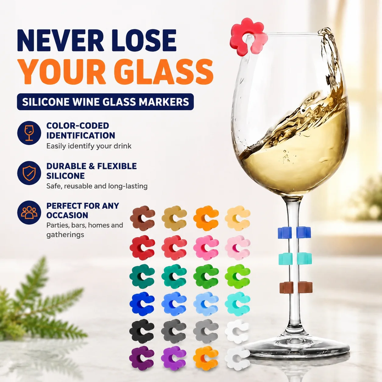 Silicone Wine Glass Markers, Color-Coded Identification Tags for Wine Beer Cocktail Glasses, Party Home Bar Use