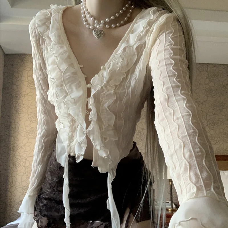 

Garden style floral splicing lace girls short-sleeved T-shirt new V-neck slim-fit color matching top