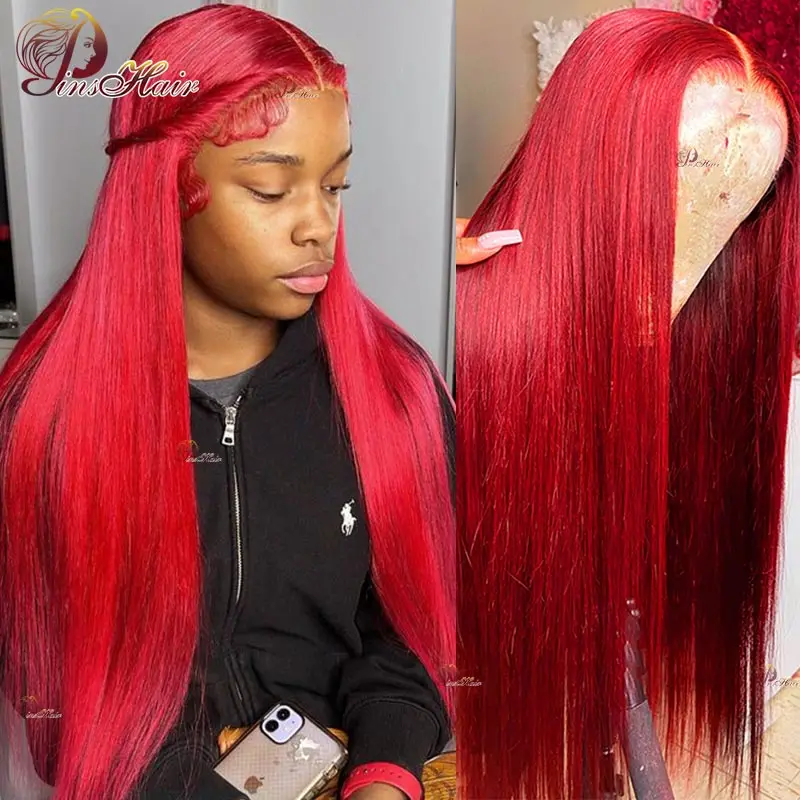 

Straight Red Lace Front Human Hair Wigs Pre plucked Red 99J Lace Frontal Wig For Women Remy Hair 13x4 Transparent Lace Wig 180%