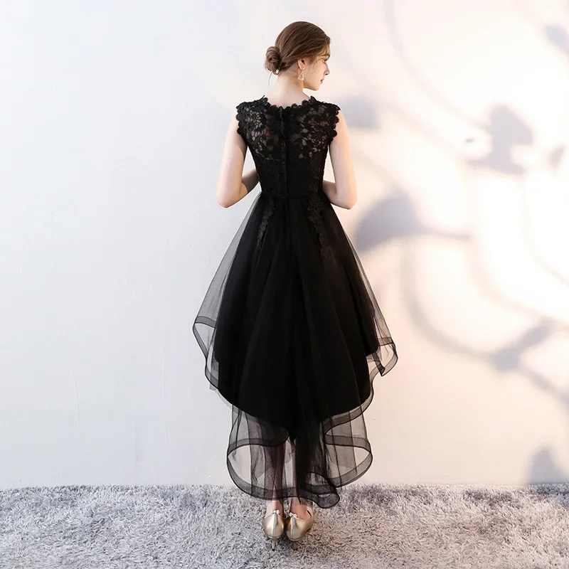 Prom Gowns Black Embroidery Tulle O-neck Sleeveless Zipper Back High-low Tea Length Plus size Women Party Formal Dresses LX094