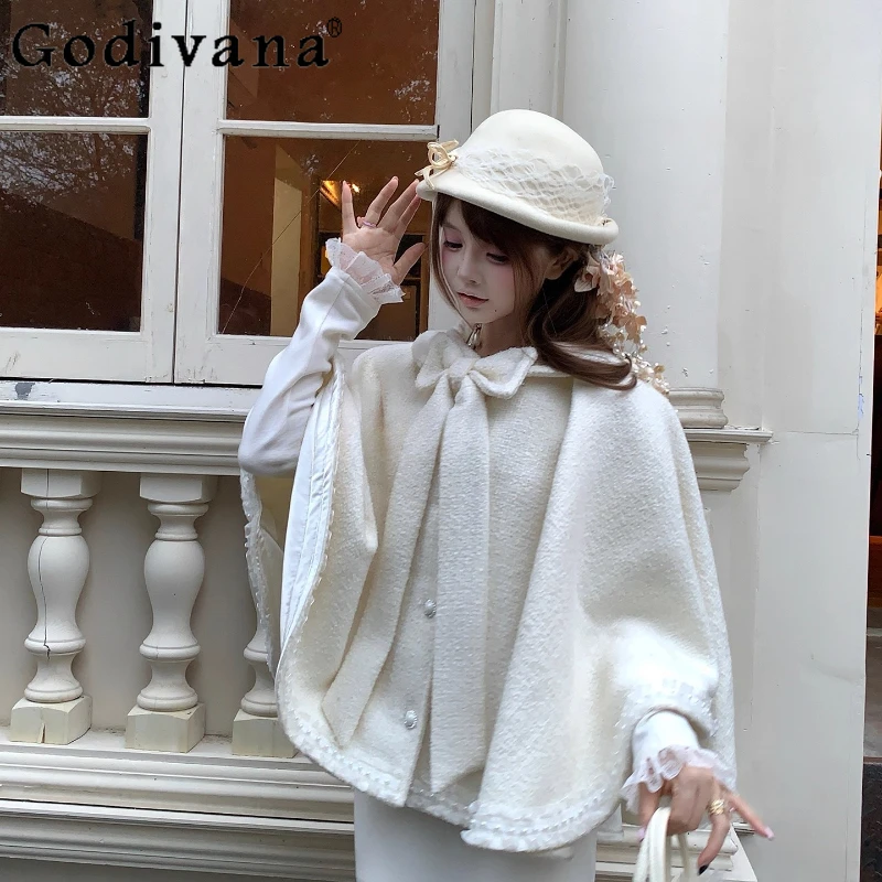 

Autumn Winter Doll Collar Cape Furry Coat Women's Gentle Cute Lolita Bow Collar Ponchos Female Japanese Style Capes Coat