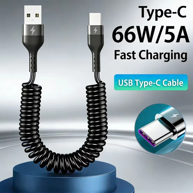 USB-A To Type C Cable 66W 5A Spring Telescopic Fast Charging Cable Portable Phone Charger For Huawei/Xiaomi/Redmi/Realme/Android