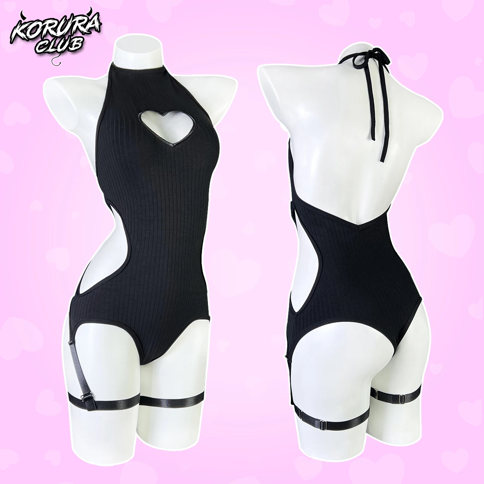 KORURACLUB vrouwen zwarte lingerie breien backless bodysuit corset Hartvorm top sexy egirl jumpsuit rollenspel bodysuit
