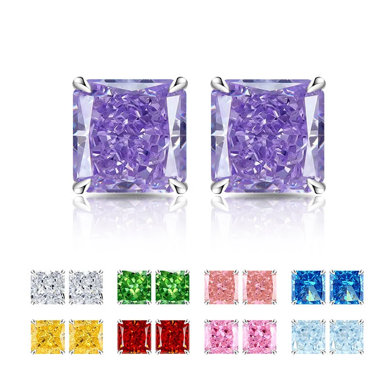 High-carat diamond square 100% 925 sterling silver stud earrings - Ice-cut design for ladies, suitable for wedding and banquet o