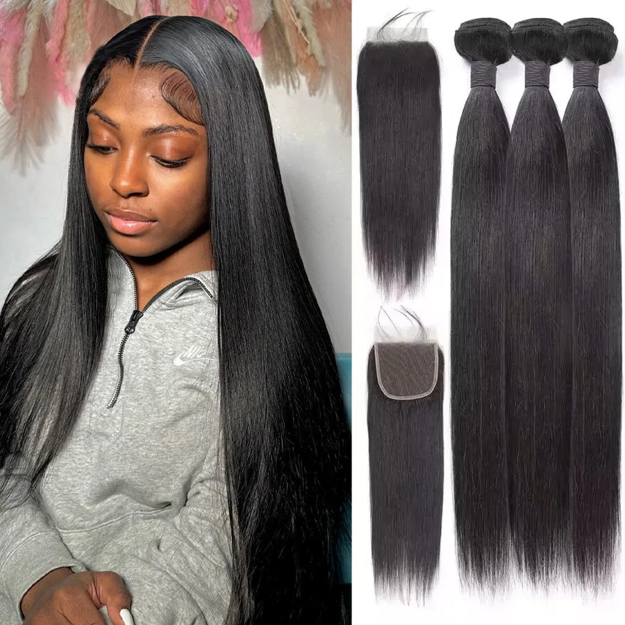 Extensiones de cabello humano brasileño liso para mujeres negras, con cierre de 4x4 3 mechones, paquete de cabello de encaje transparente