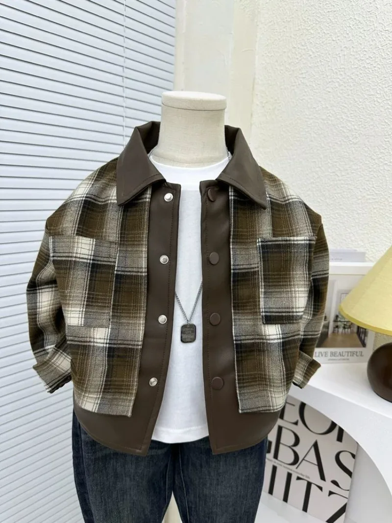 

Детская клетчатая куртка для мальчиков, весенняя уличная одежда с длинными рукавами, новая корейская осенне-зимняя шерстяная кожаная куртка, детские топы для мальчиков