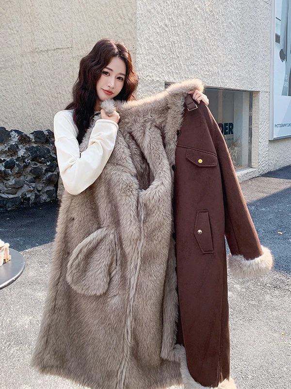 

Retro Deer Suede Lamb Fur Coat Women's Long Thi Autumn Winter New Sle Elely Warm Inteated Leather And Fur Jaet