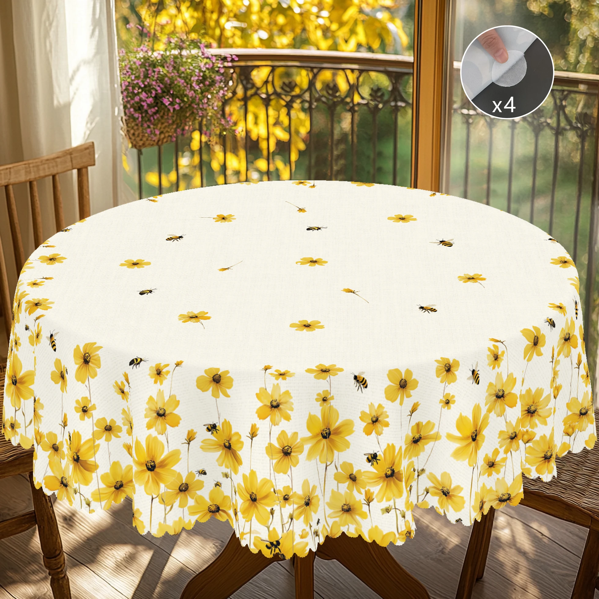 1 Piece of Daisy and Bee Themed Round and Rectangular Tablecloth, Available in Various Sizes, with a Print Featuring Bright Flowers and Playful Bees Interwoven with Dynamic Dancing Patterns, and Embossed Edges, Suitable for Home Kitchen Tables, Patio Picnics, and as a Tablecloth for All Seasons, Home Decor, Spring and Summer Decoration Gifts