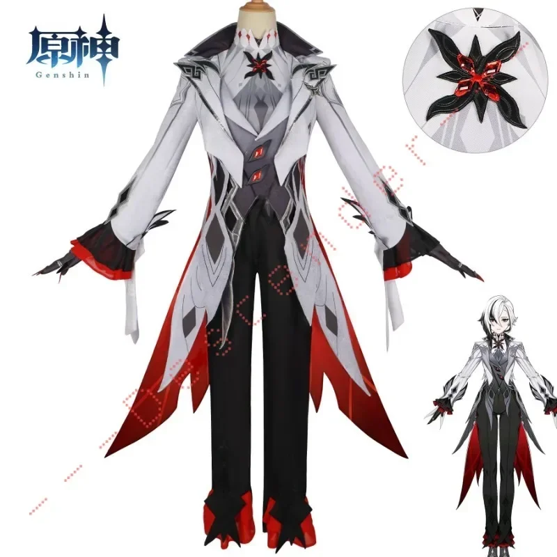 Genshin Impact Harlequin The Knave Cosplay Costume Full Set Long Wig Uniform Eleven Fatui Harbingers Costume Party Outfit