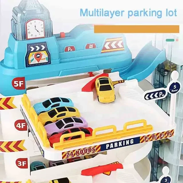 รถรางไฟฟ้า 6 ชั้นอาคารที่จอดรถผจญภัยแข่งรถรางของเล่นเด็กสมอง Mechanical Interactive Rail ของขวัญ