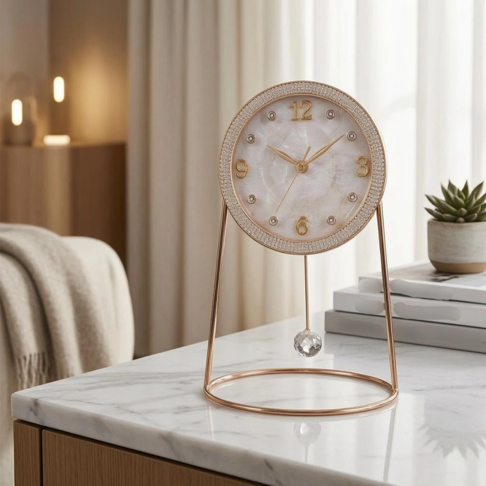 

Crystal Pendulum Clock Sparkling Rim Decorative Tabletop Clock Home Decor Gold-Tone Battery Powered