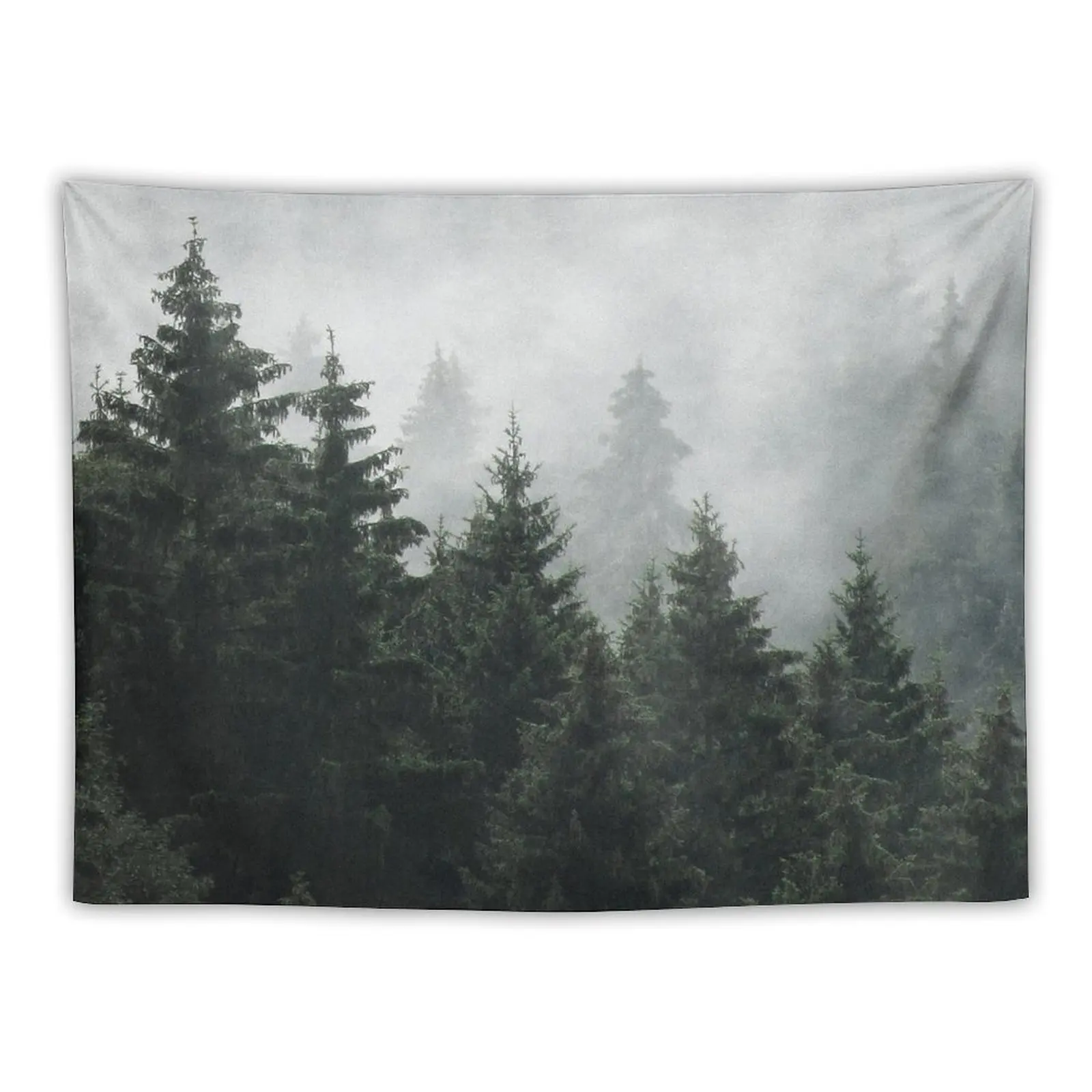 Waiting For // Misty Foggy Fairytale Forest With Cascadia Trees Covered In Magic Fog Tapestry House Decor Tapestry