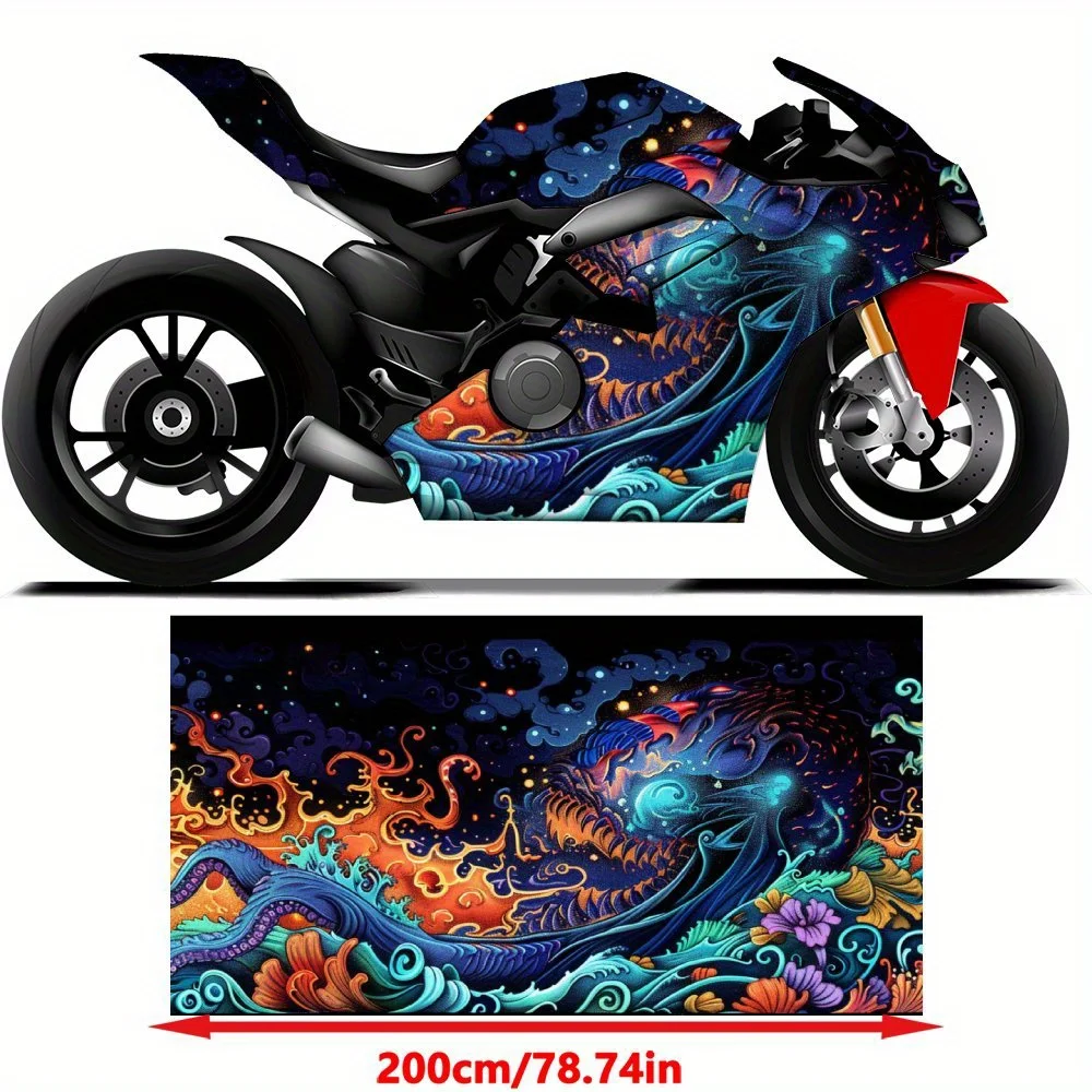 Cosmic Dragon Flames Art Motorcycle Vinyl Wrap, Decal Sticker, Splash-Resistant, Easy to Install, Durable Personalized Motorcycl