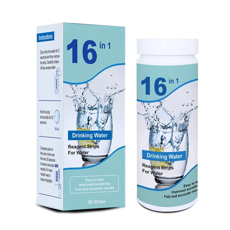 Alat Uji Air Minum 16 In 1 Strip Uji Sensitivitas Tinggi Mendeteksi-pH, Kekerasan, Klorin, Timbal, Besi, Tembaga-Nitrat