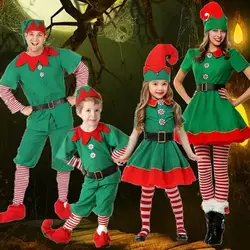 Christmas Elf Costume for Adult Santa Claus Cosplay Elf Hat Shoes Belt Socks Fancy Dress Suit Red Green Men Women Xmas Outfits