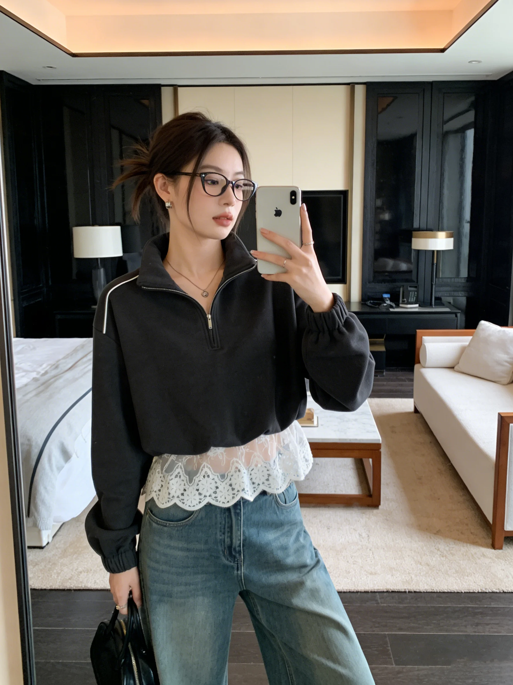 

Стильная женская толстовка с эффектом омоложения, универсальная, с кружевной отделкой, на молнии до середины, с длинными рукавами, воротником-стойкой, в стиле кэжуал, имитация двухслойности