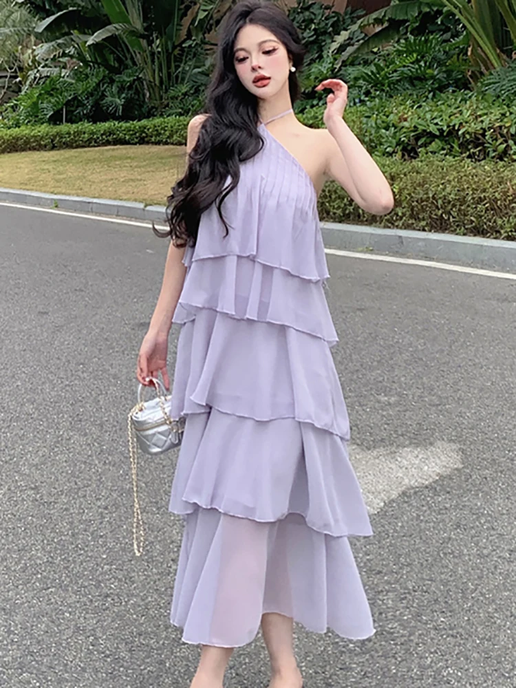 

Новое фиолетовое шифоновое платье 2026 года: шикарное, с оборками, повседневное, длинное, летнее, элегантное, с завязками на шее, в корейском стиле, свободного кроя, для отпуска