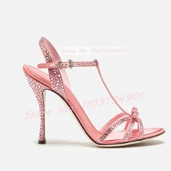 Crystals Butterfly-Knot  Ankle Strap Sandals Women Fashion Satin Round Toe Thin High Heels Shoes Lady Elegant Sexy Party Sandals