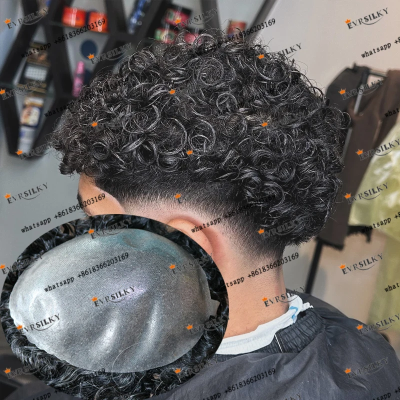 Jet preto super durável 18mm encaracolado cinza cabelo humano homens peruca natural linha fina base de pele completa peruca masculina prótese capilar