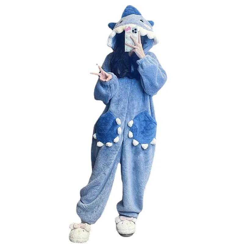 Cute Cartoon Shark Hooded Sleepwear para mulheres, pijama feminino, macacão, festa de Natal Loungewear