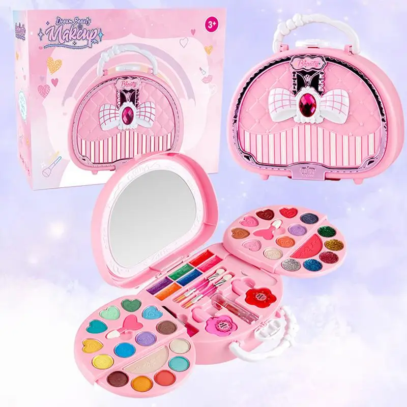 Kids Makeup Box Kit Princess Washable Makeup Kits Pink Pretend Beauty Set Real Portable Safe Makeup Toys For Toddler & Kids