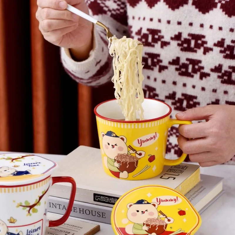 Cartoon Bear Noodle Cup Bowl Creative with Cover Box Student Lunch Box Instant Noodle Soup Dinner Lunch Ceramic Bowl