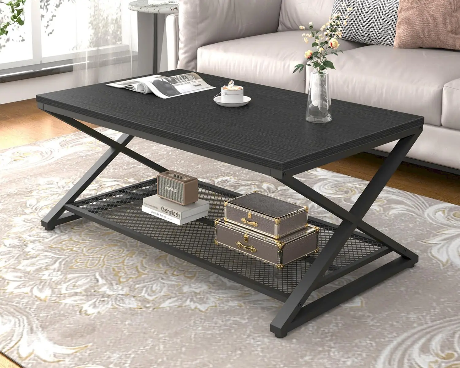 

Black Coffee Table, Metal Wood 2 Tier Center Tables with Storage Shelf, Modern Rectangular Cocktail