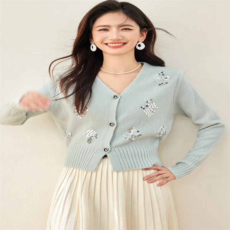 Autumn Winter Women Temperament Sequined Knitted Cardigan Korean Chic Fashion Long Sleeve Casual Elegant Soft Sweater Coat  2024