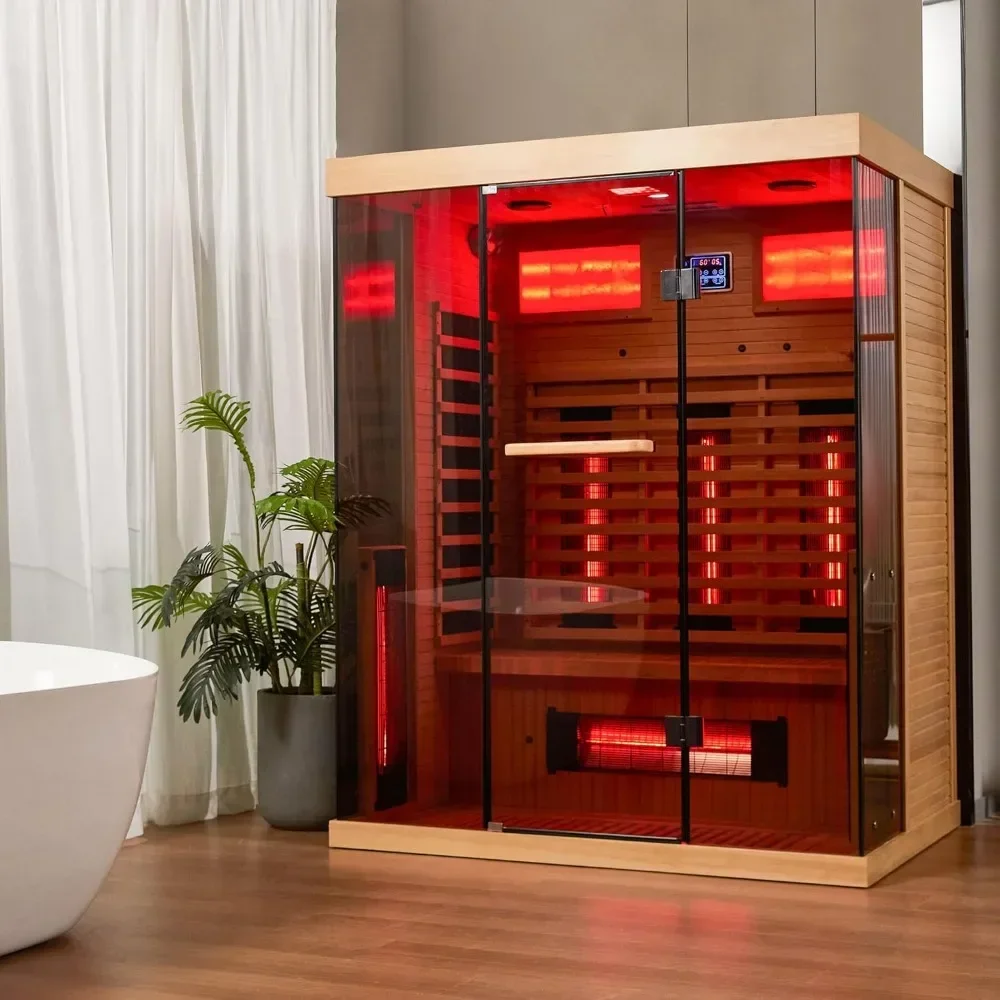 Sauna a infrarossi lontani, sauna domestica per 2-3 persone con mattone di sale dell'Himalaya, sauna interna, vetro temperato e barra di ossigeno, 220 V