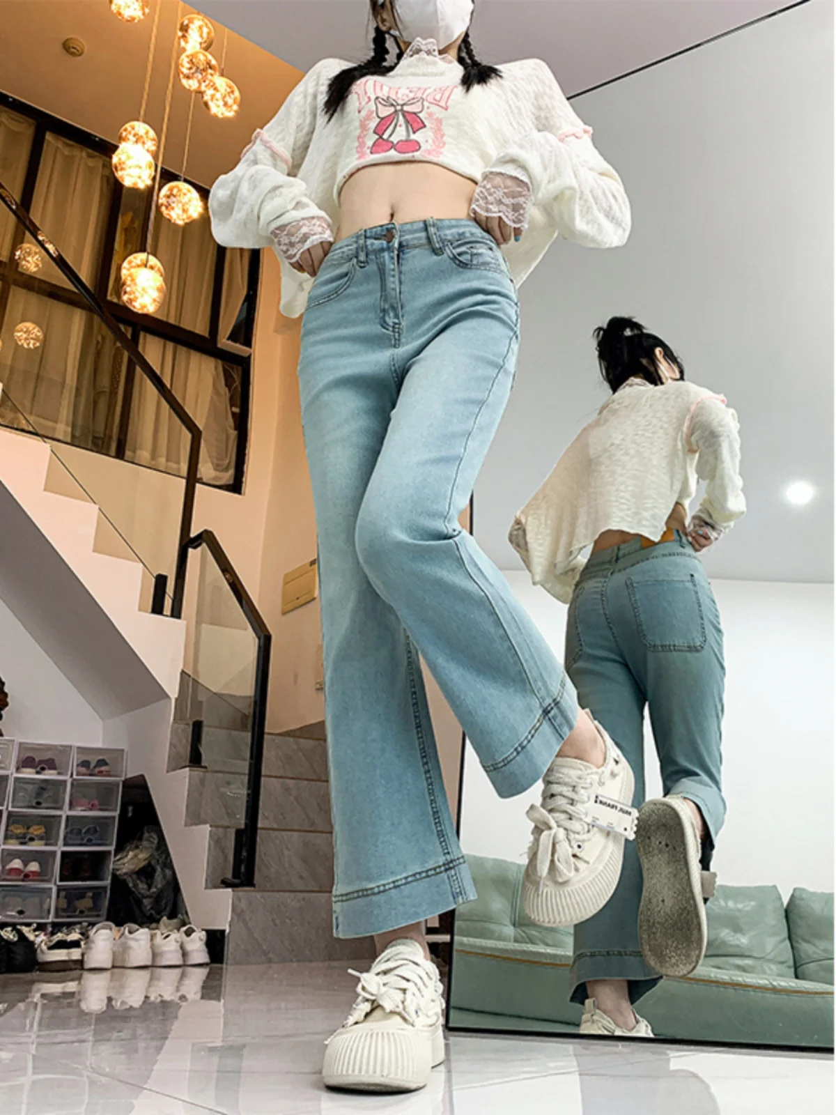 Jeans in denim a vita alta con campana Bot Pantaloni larghi a gamba dritta slim a nove punte elasticizzati da donna Autunno New Sle plus Size