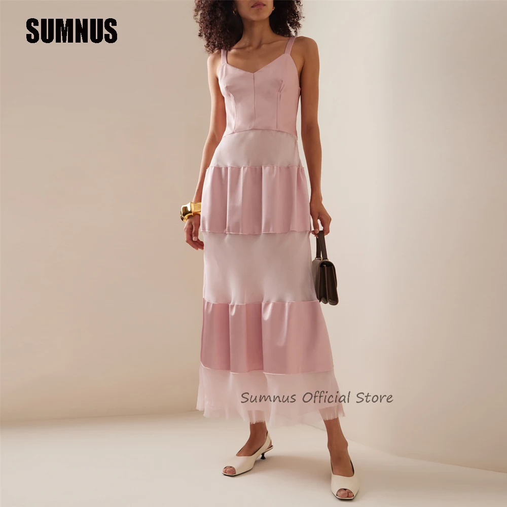 

SUMNUS Modern Pink Party Dresses V Neck Straps Evening Party Dress New Fashion Casual Beach Outfit Graduation Sleeveless Gowns