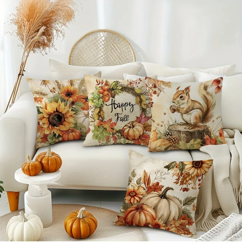 Home Decor Autumn Themed Squirrel Pumpkin Throw Pillows Pattern Cushion Cover Suitable For Sofa Bedroom Car Pillow Cover