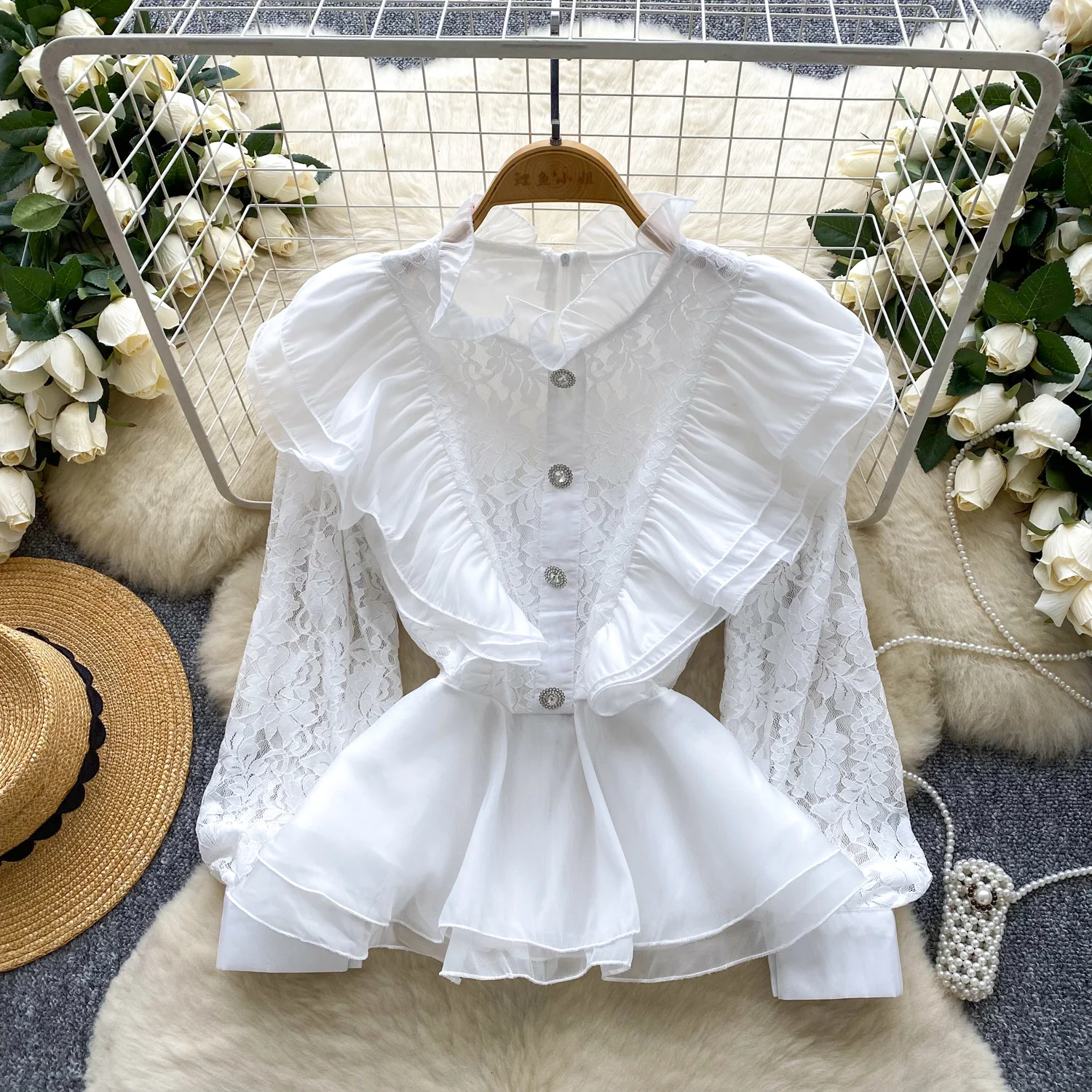 Vintage Basics ruches kant lange mouw chique bedekte knop slanke top Franse streetwear high street blouse