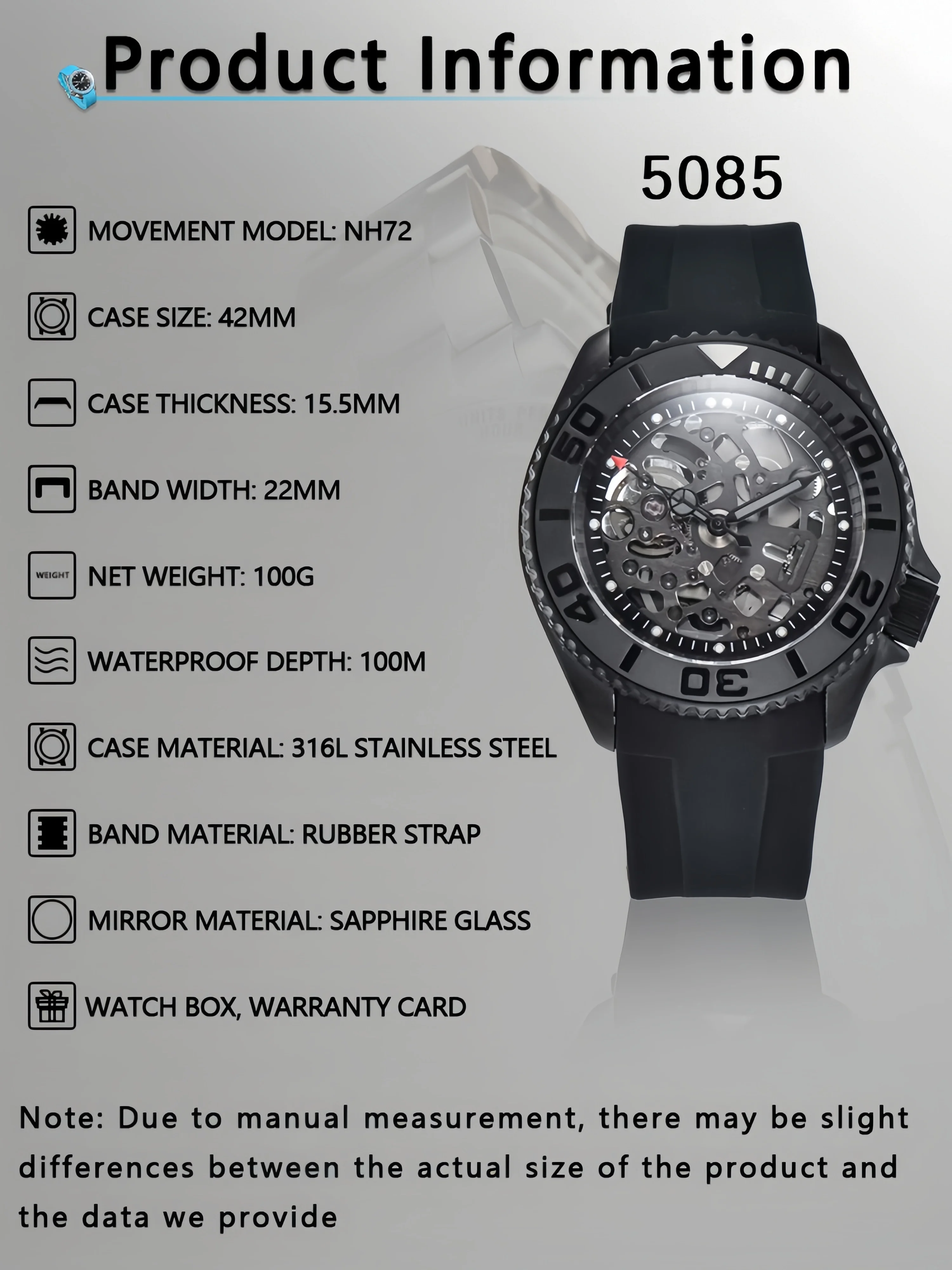 DWAYNE CAMPBELL NH72 Men\'s Automatic Watch All Black Skeleton Dial Design Waterproof Sapphire Glass Sport Watch for Men