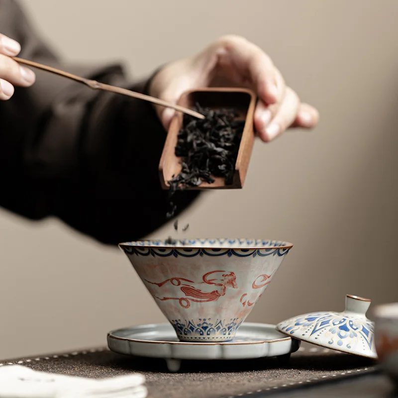 150ML Dunhuang Feitian Hat Cover Bowl Imitation Song Ru Kiln Sancai Cover Bowl Family Ceramic Tea Bowl Kung Fu Tea Set Gifts