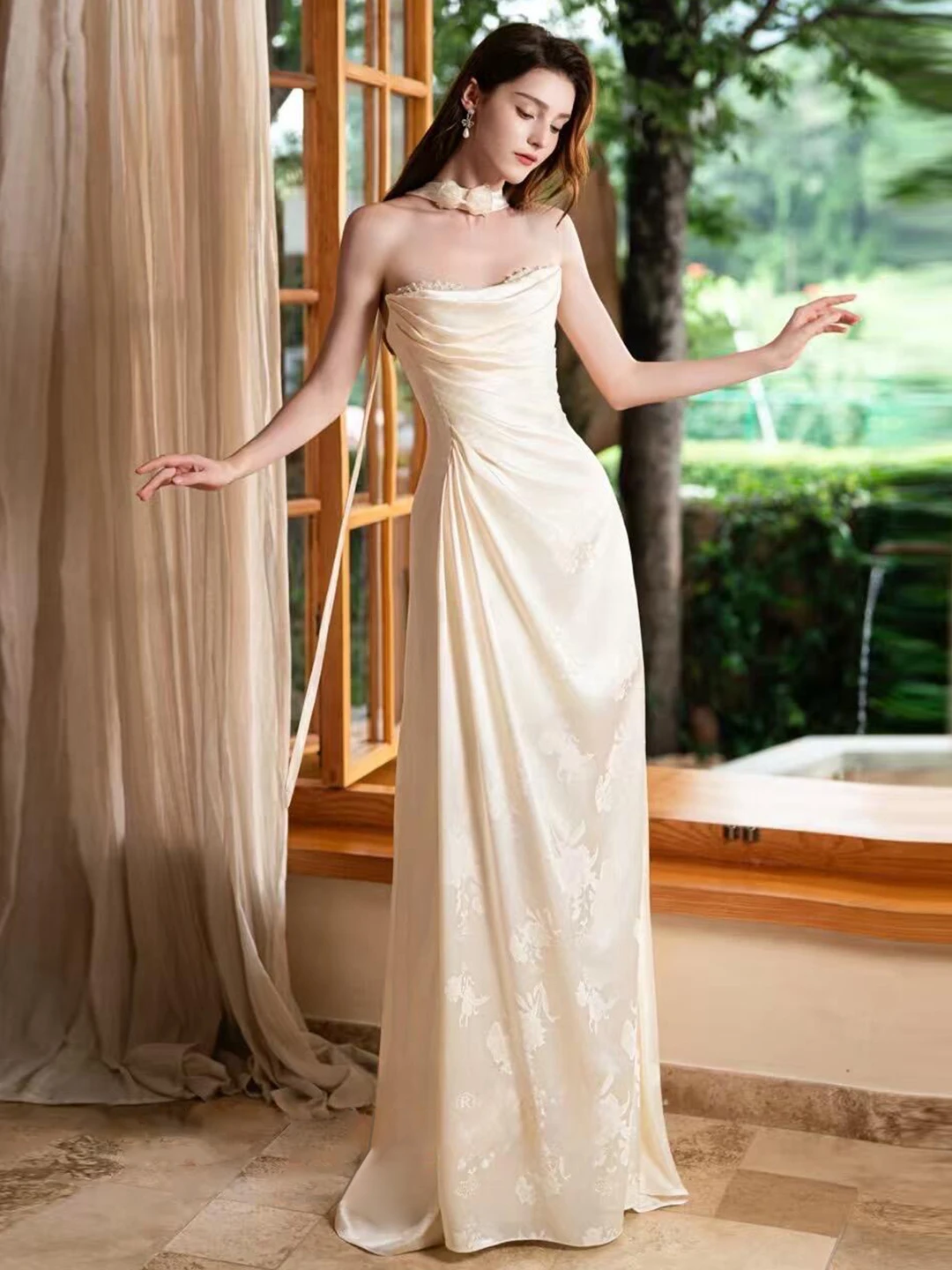 

Элегантное китайское свадебное платье без бретелек, длинное, для помолвки и свадебного приема, вечернее платье для встречи гостей