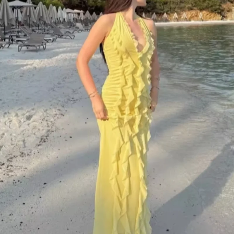 

Solid Pleated Backless Long Dress Women Sleeveless V Neck Slim Fit Hatter Vestidos Seaside Robe Vacation Elegant 2025 New Gowns