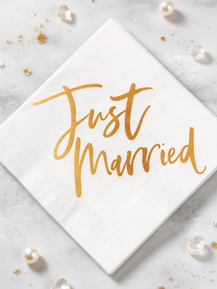 Personalized Just Married Beverage Napkins, Custom Paper Cocktail Napkins for Wedding Reception, Cocktail Hour & Dessert Table