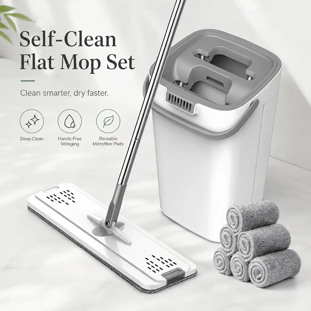 Flat Mop Bucket Set, Self Cleaning Hands Free Mop, 6 Washable Microfiber Pads, 360 Swivel Wet Dry for Home Kitchen Bathroom Tile