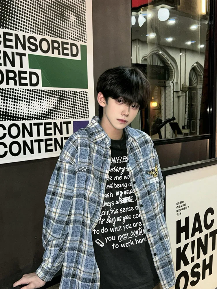 

American Sle Embroidery Long Sve Plaid irt Jaet Loose Casual Spring Autumn ex High End Feeling Couple ...