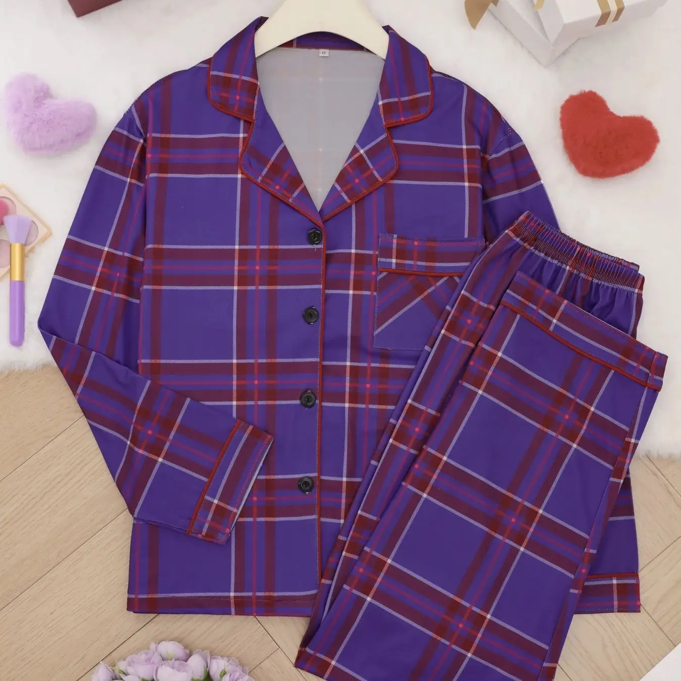

Retro contrasting plaid printed pajamas with purple red base, women's lapel cardigan, elastic waisted pants, two-piece home set