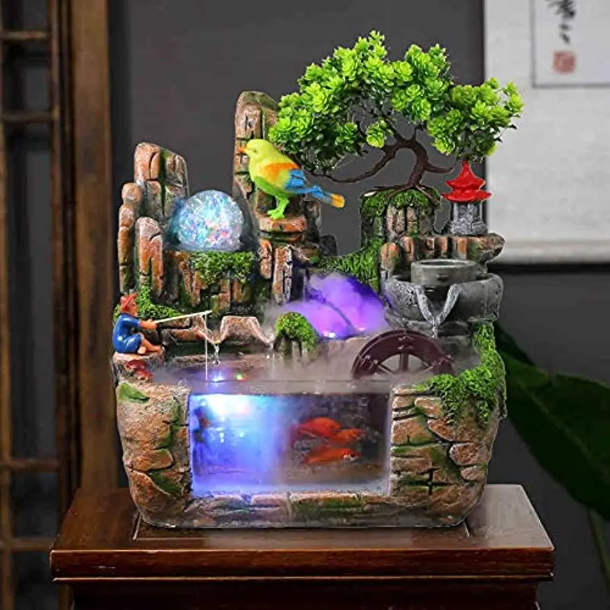 Desktop Fountain Waterfall with Rockery, Indoor Relaxation Tabletop Resin Ornament with Light Bird & Fisherman for Home