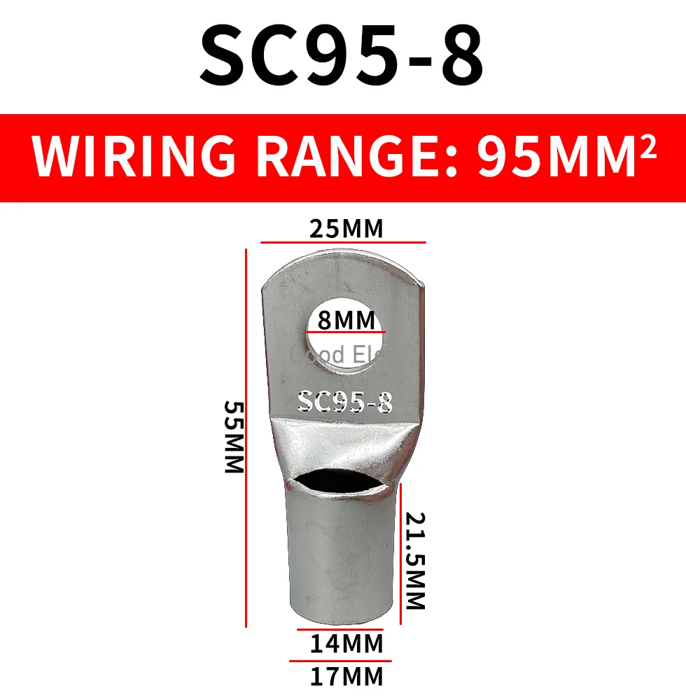 1PCS, SC95-8 SC95-10 SC95-12 SC95-14 SC95-16 bolt hole tinned copper cable connector 95MM ² battery terminals