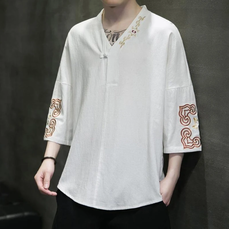 Men\'s Clothing Summer Vintage Embroidery Tang Suit Chinese Style V Neck Cotton Linen T-shirts Male Casual Loose 3/4 Sleeve Tops